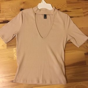 Tan V-Neck Choker Neck Top